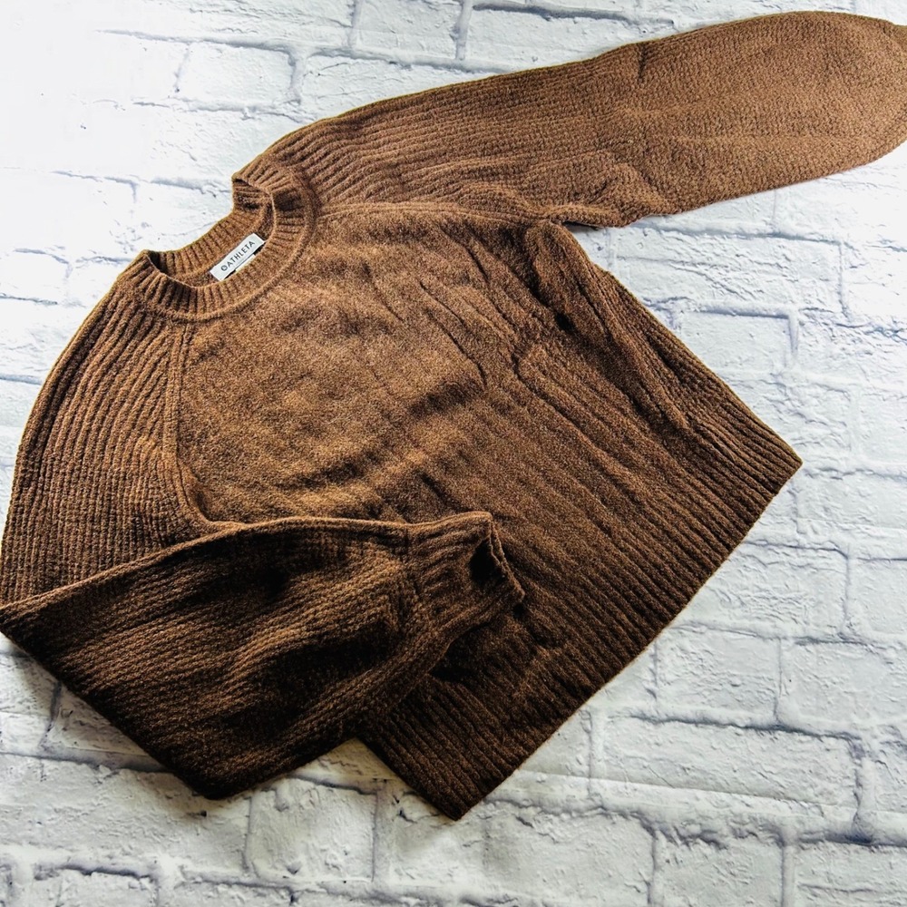 Athleta Layover Crew Sweater Brown Merino Wool Ribbed Knit XS Long Sleeve Soft